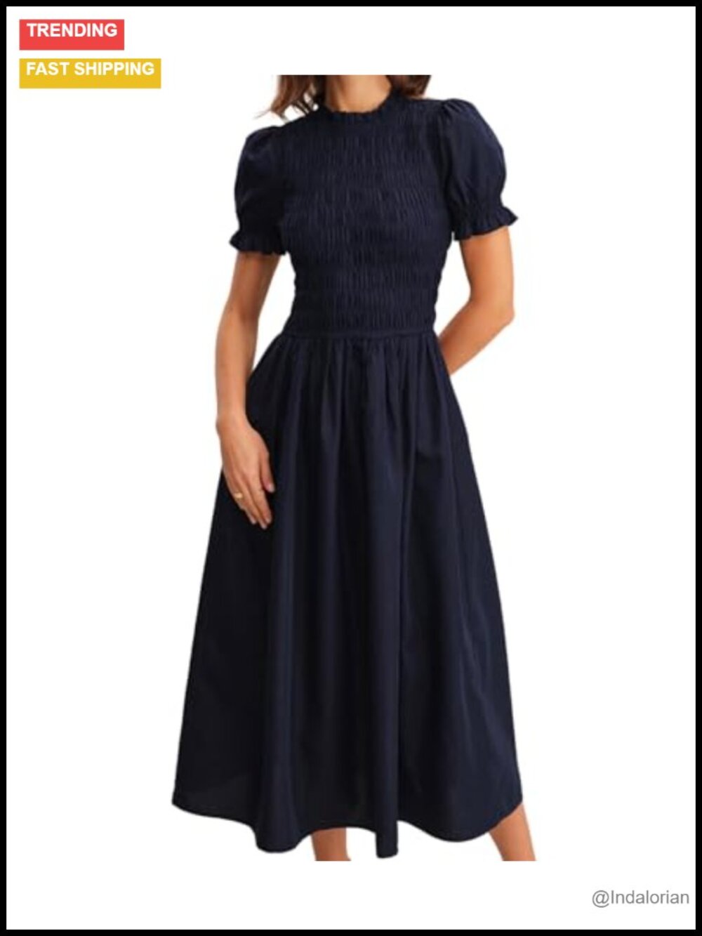 Plaid Gingham Midi Dress Short Sleeve Smocked Women's
